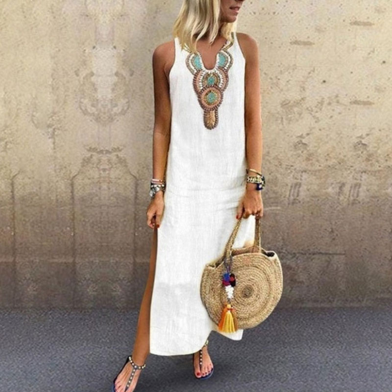 Women Cotton Linen Casual Long Maxi Beach Dress Summer Sleeveless V Neck Dress 