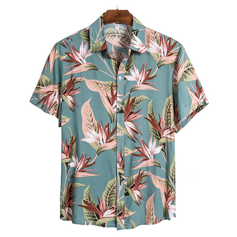 Men Hawaiian Button Down T-Shirt Summer Leaf Print Beach Casual Shirt Tee  Blouse