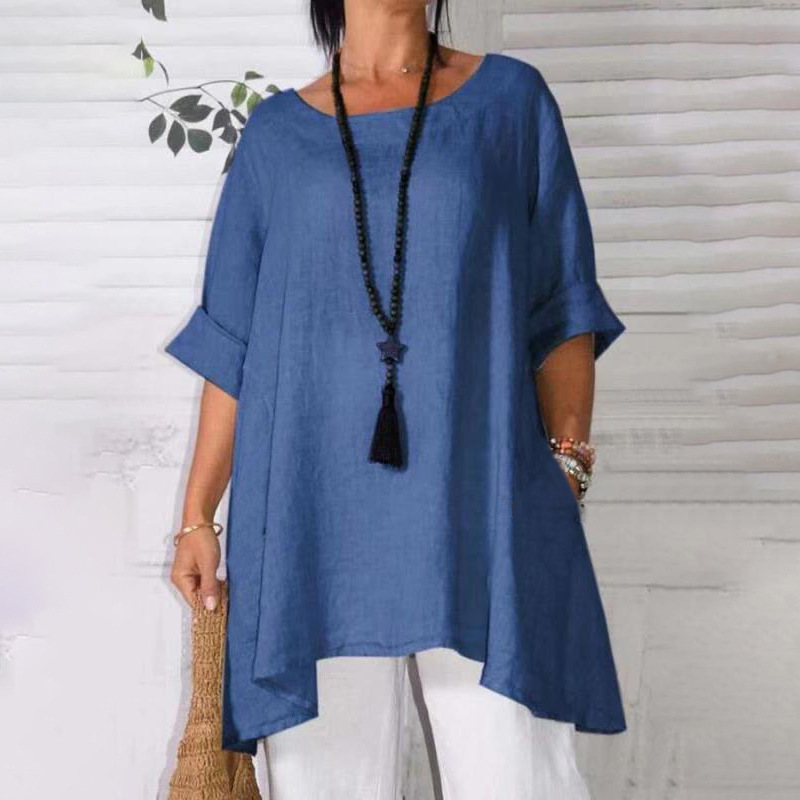 Plus Size Womens 3 4 Sleeve Cotton Linen Blouse Tops Ladies Crew