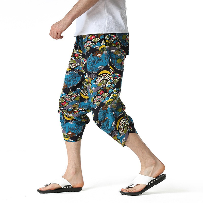 Men's Summer Fashion Loose Linen Pants Hawaii Beach Baggy Shorts Harem Pants ADE 