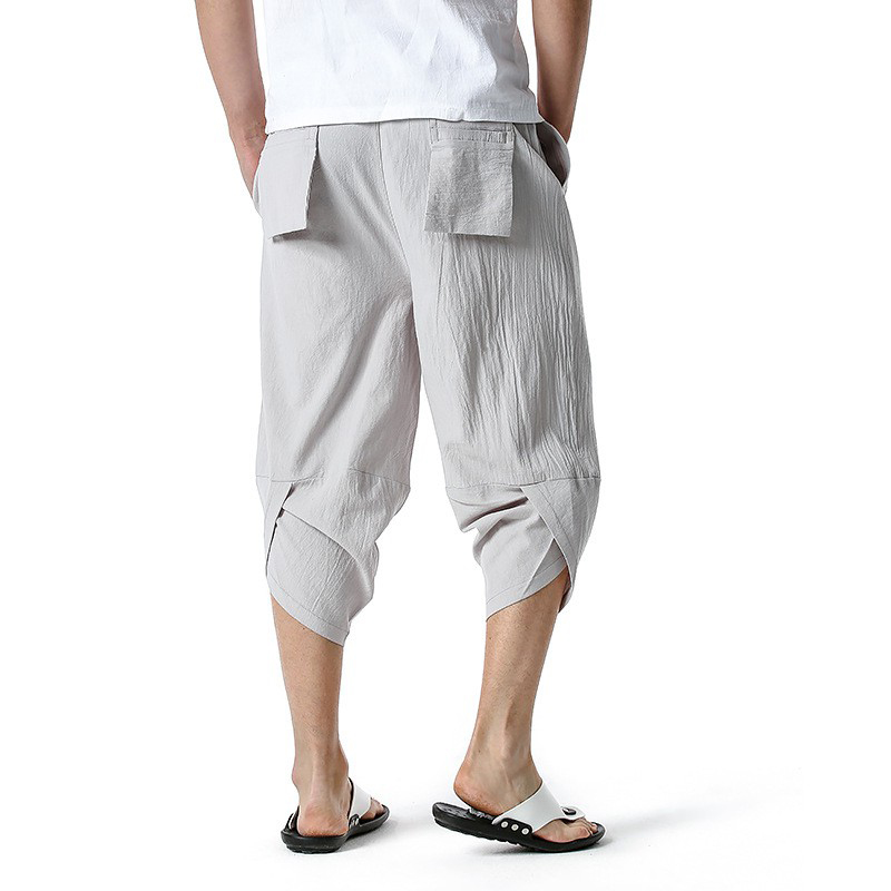 Men Linen Short Pants Cotton Trousers Casual Loose Summer Knee Length Drawstring 