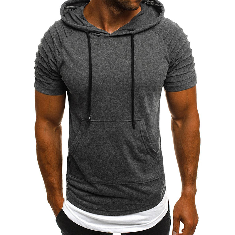 Men Hoodie Short Sleeve T-shirt Fitness Workout Gym Hooded Muscle