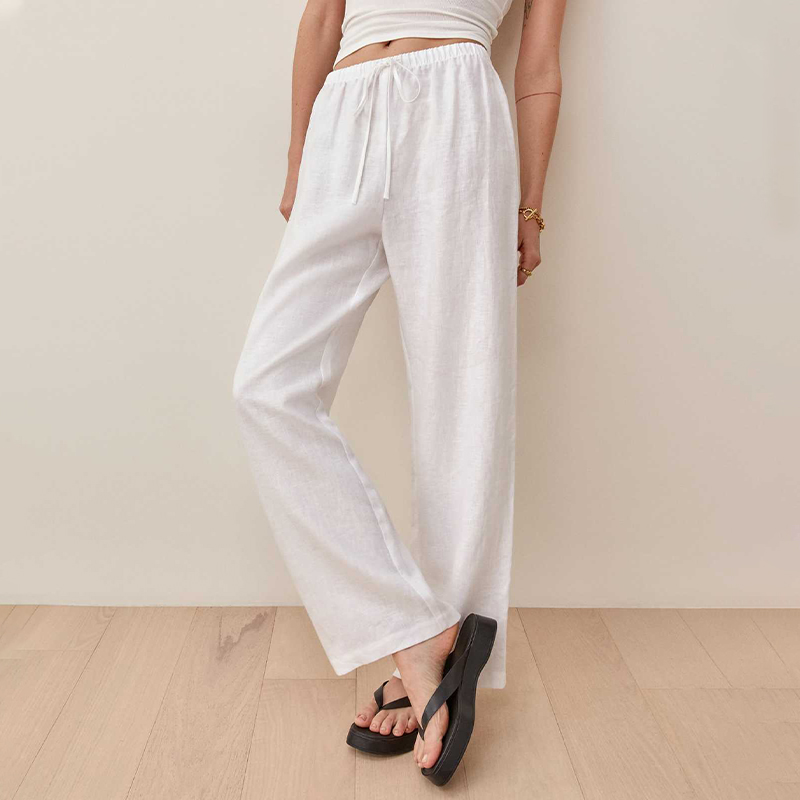Womens Cotton Linen Drawstring Straight 