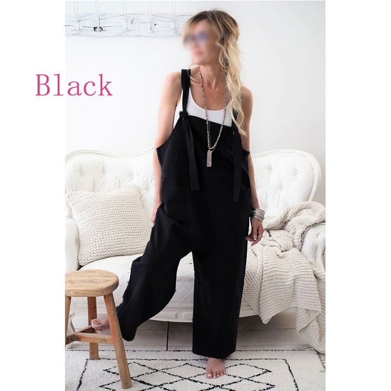 Womens Sleeveless Loose Casual Cotton and Linen Dungarees Playsuit Ankle Length Overall Jumpsuit Wide Leg Pants No Pendant 