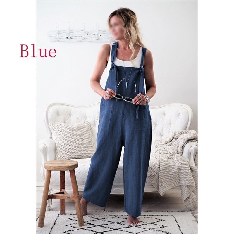 IDEALSANXUN Cotton Linen Overalls for Womens Casual Loose Fit Jumpsuits Bib Pants with Pockets 