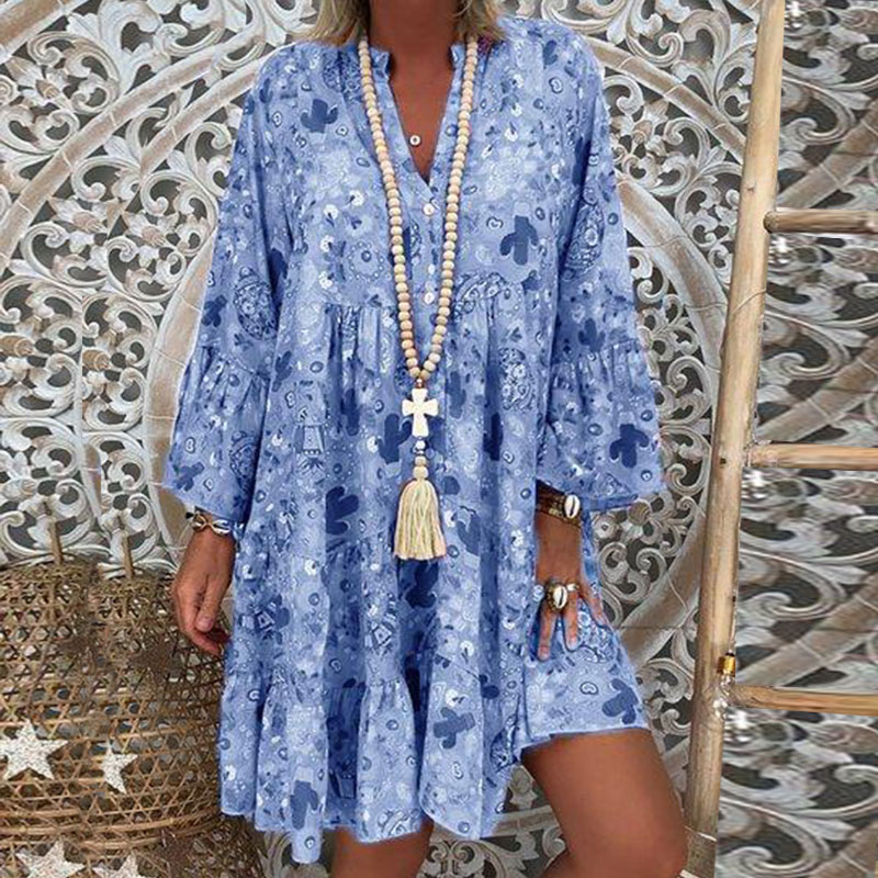 Elegant Holiday Beach Sundress Women's Strappy Ruffles Floral Blue Boho Dress