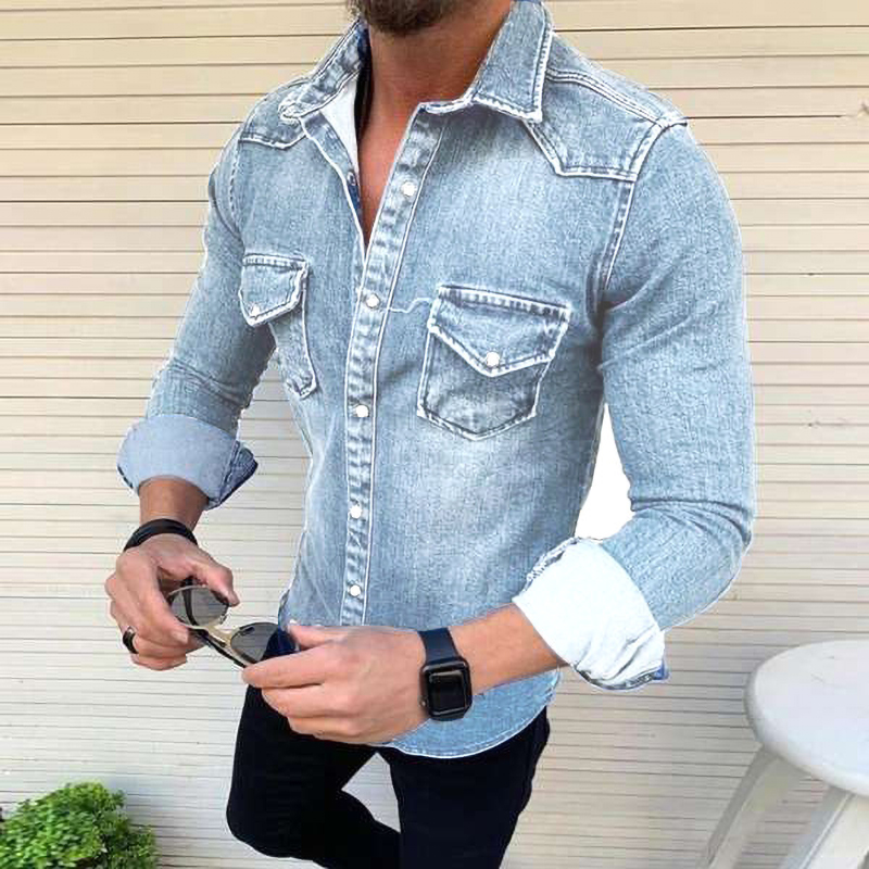Mens Denim Slim Fit Shirts Long Sleeves Button-Down Chest Pocket Tops Jackets