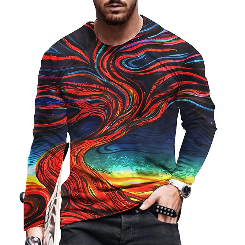 Men Long Sleeve 3D Print Crew Neck T-shirt Tops Casual Fashion Muscle Tee Blouse