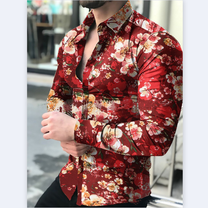 UUYUK Men Floral Printed Lapel Long Sleeve Casual Business Button Down Dress Shirts