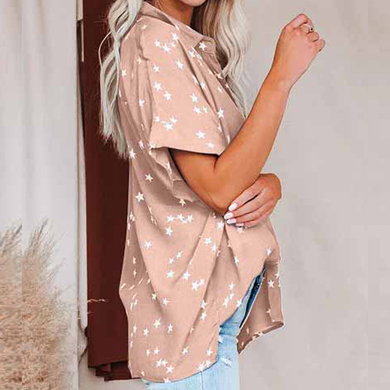 Womens Short Sleeve Stars Print Casual Shirts Ladies Button Up Lapel