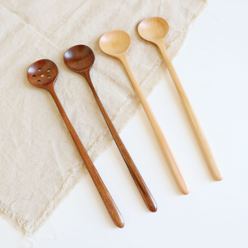 1x Korean Style Wooden Round Spoon Long Handle Stirring Supplies