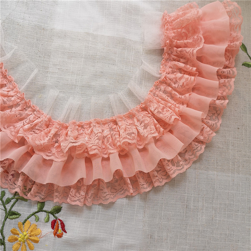 1yd 3-layer Pleated Organza Lace Edge Trim Gathered Mesh Chiffon Ribbon Pink DIY 