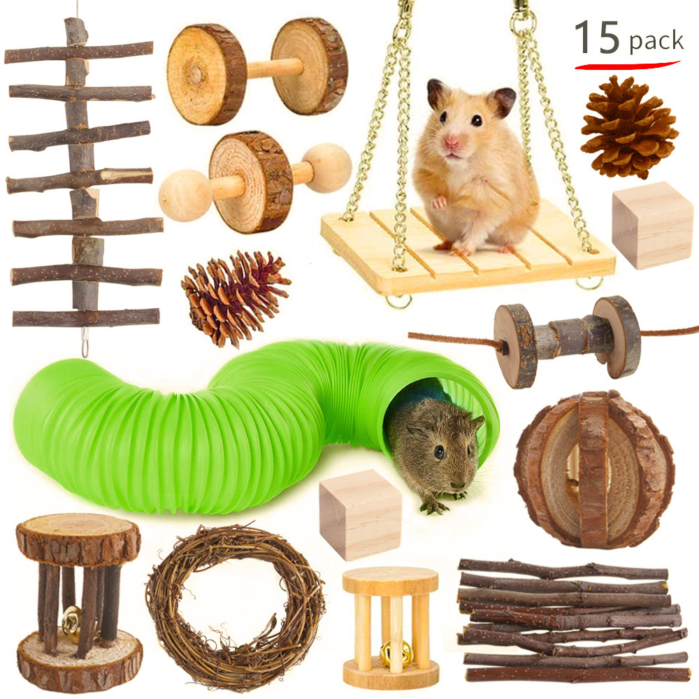 YOUTH UNION 7 Pack Wooden Hamster Chew Toys for Pets Teeth Care Rabbits Rat Small Animal Ball Exercise Playing Bell Roller Pig Toys 