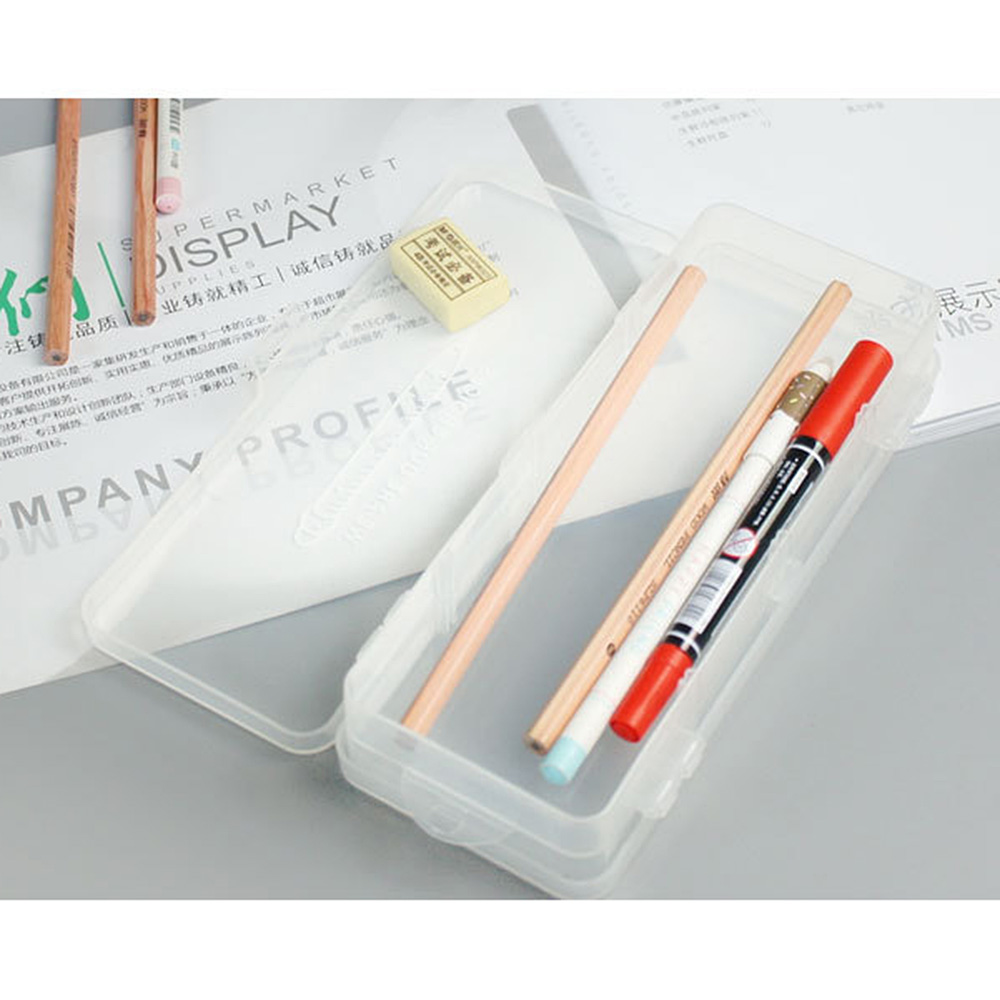 2-Layers Clear Plastic Storage Box Pencil Case Organizer Container