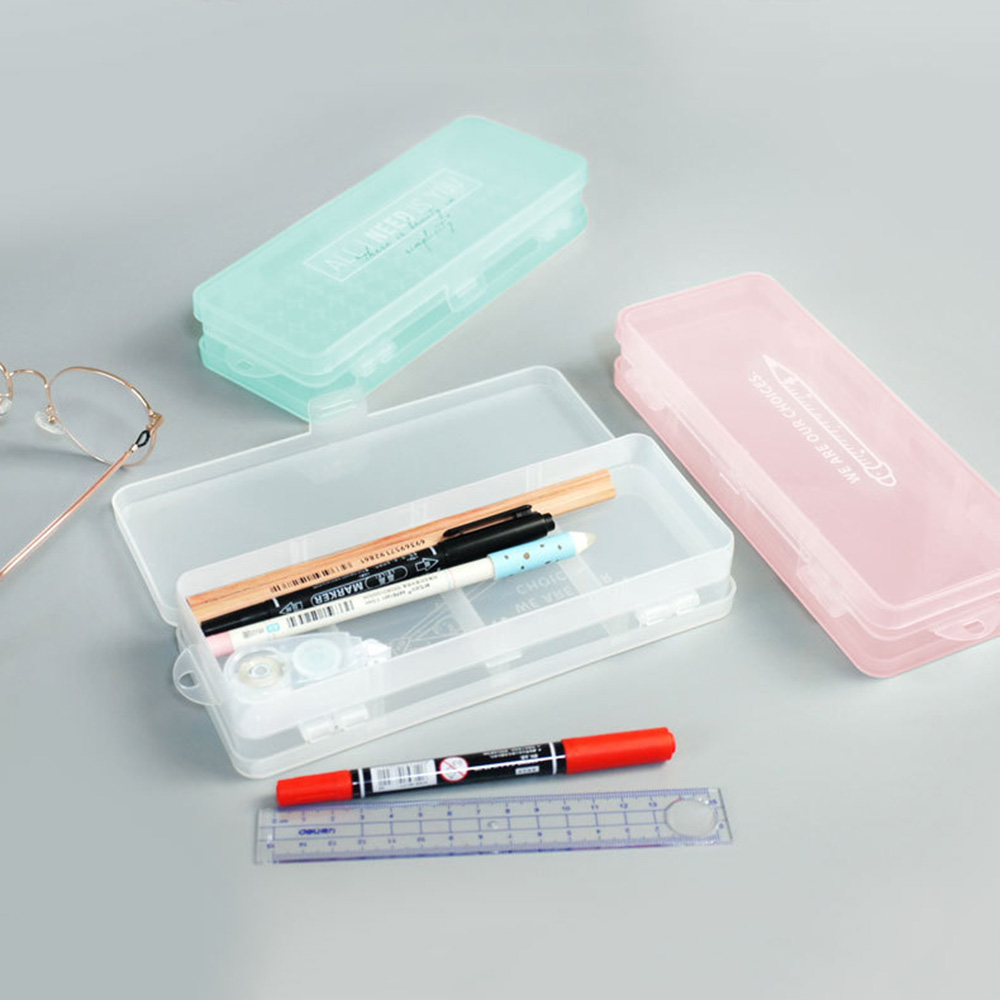 2 Layers Clear Plastic Storage Box Pencil Case Matte Brush
