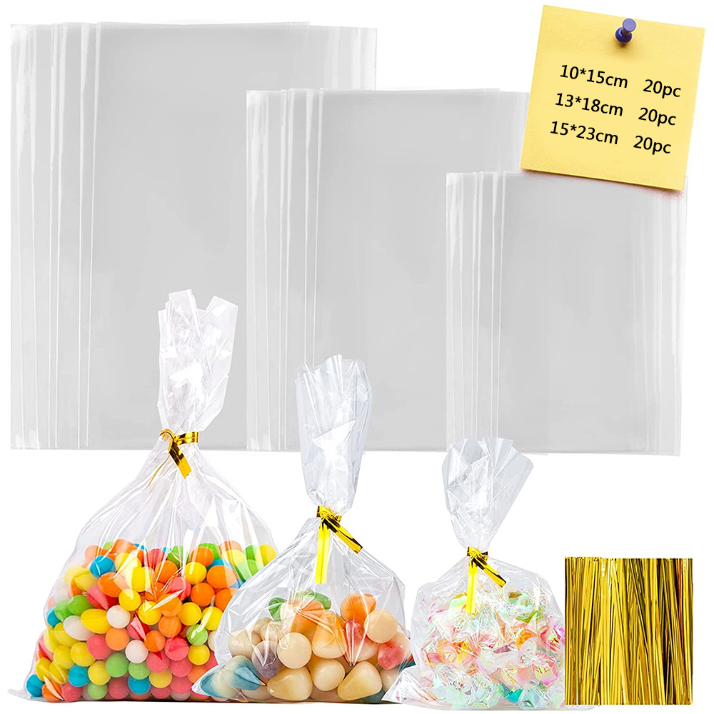 Tradineur - 6 paquetes de 18 bolsas transparentes de plástico para  caramelos, envolver galletas, chuches, fiestas, cumpleaños, r