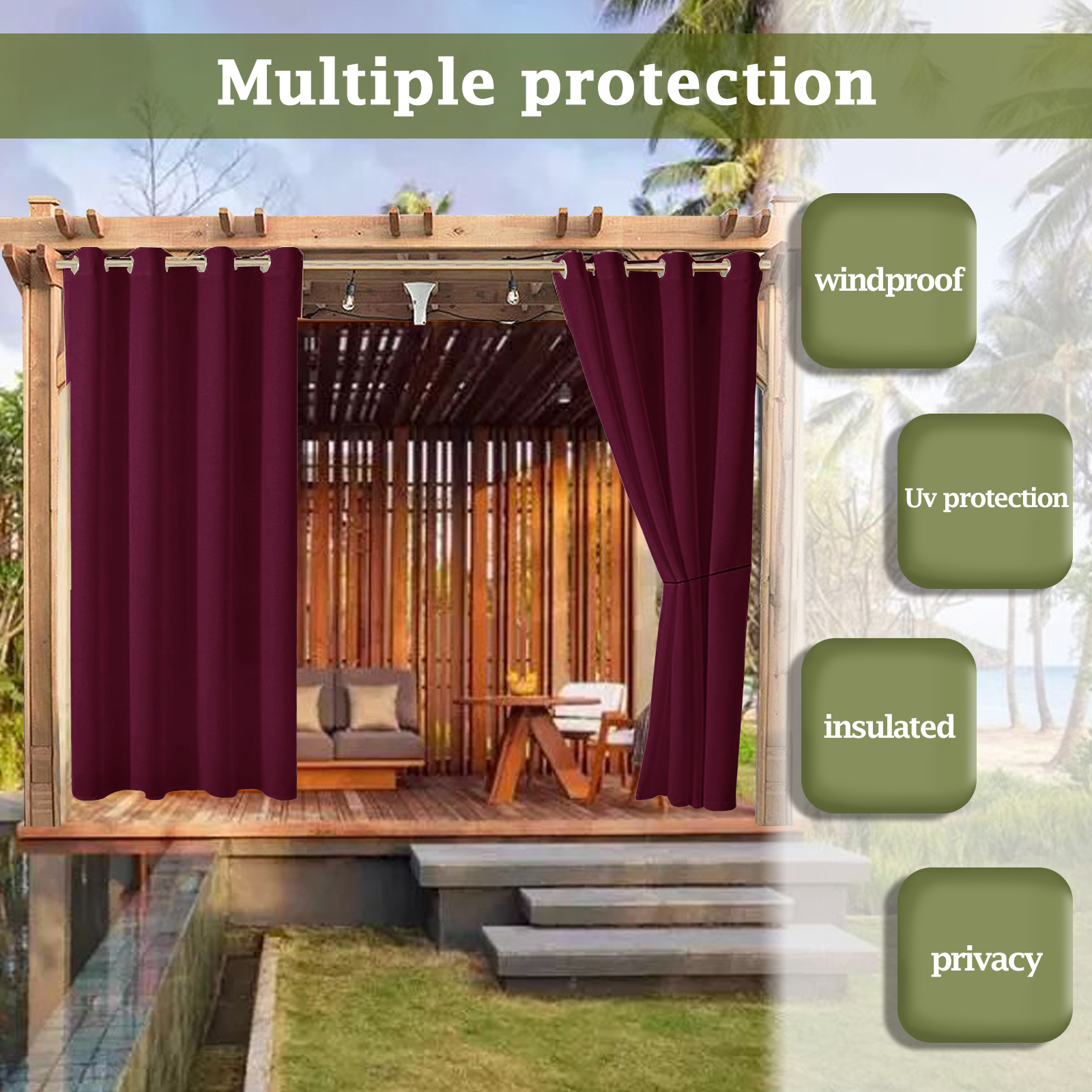 Waterproof Blackout Curtains Outdoor Patio Pergola UV-protection Curtain US