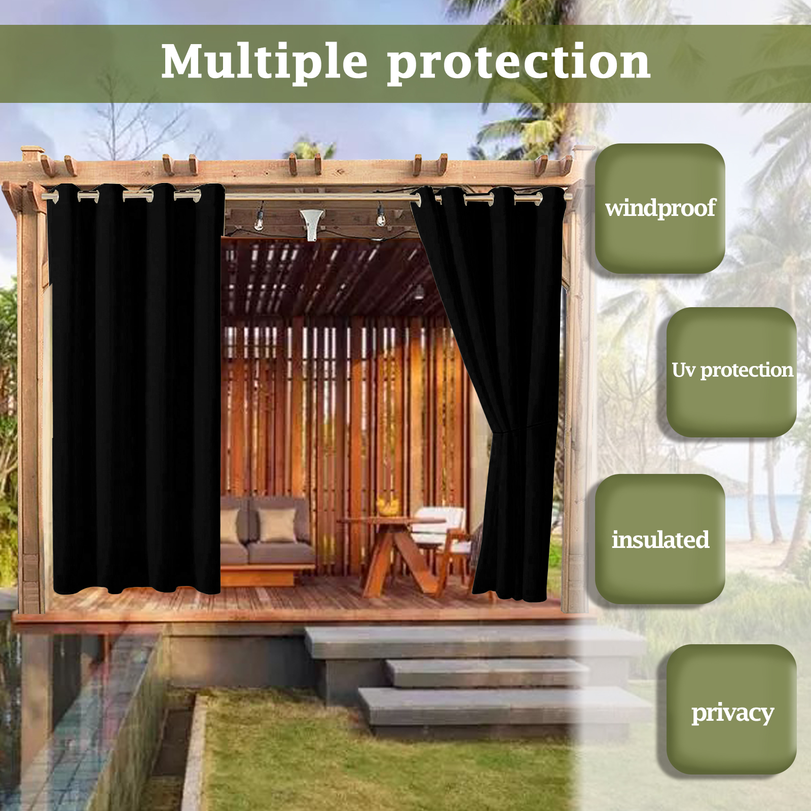 Waterproof Blackout Curtains Outdoor Patio Pergola UV-protection Curtain US