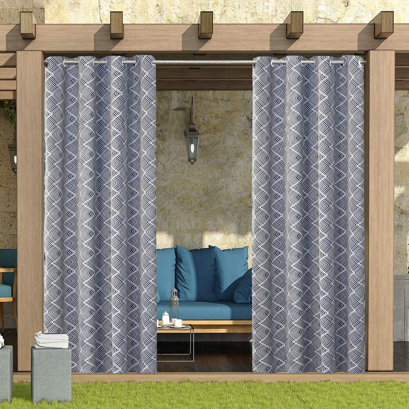 Printing Waterproof Outdoor Patio Curtains Thermal Insulated Sun Blocking Panel