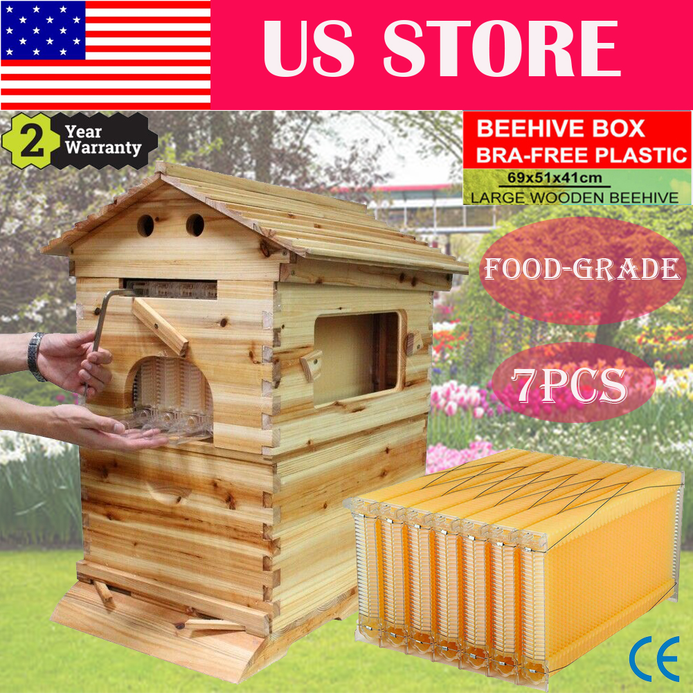 7PCS Auto Run Honey Hive Beehive Frames+Beekeeping Brood Cedarwood Box House US