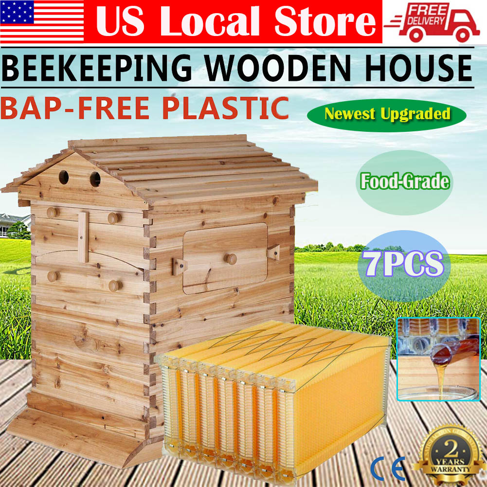 thumbnail 1 - 7PCS Automatic Honey Hive Frames Beehive Brood Beekeeping Cedarwood Box Set US