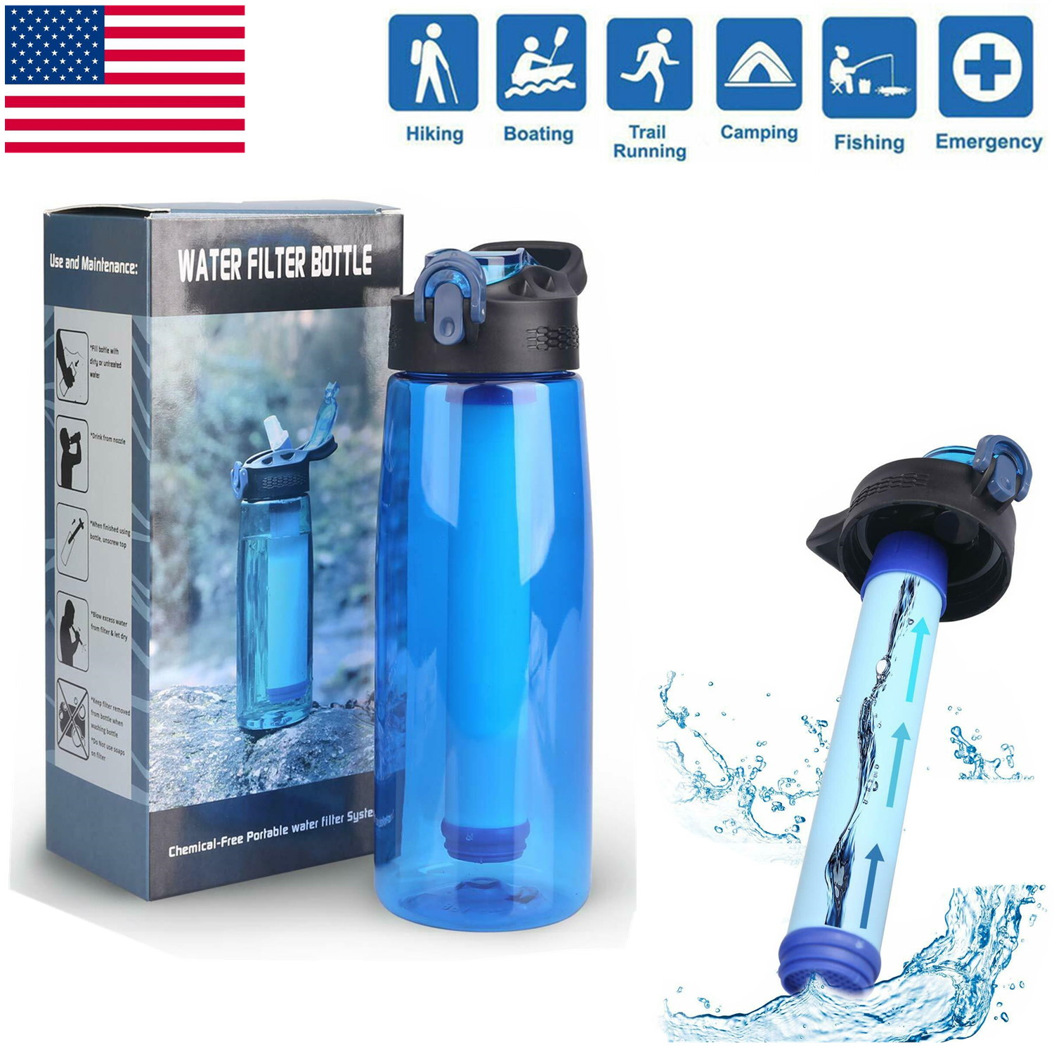 650ML Outdoor Water Filter Bottles Purifier Water Straw Emergency