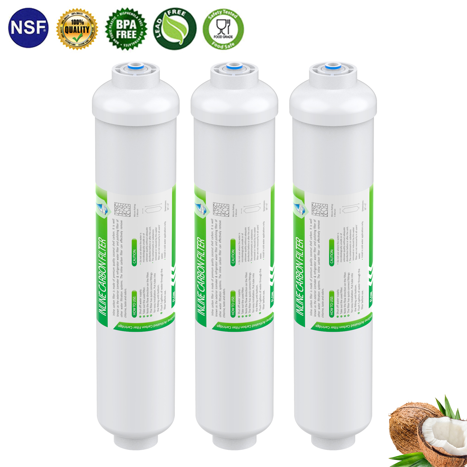 3 PACK Inline Post Water Filter High Capacity Built-in 1/4 inch JG