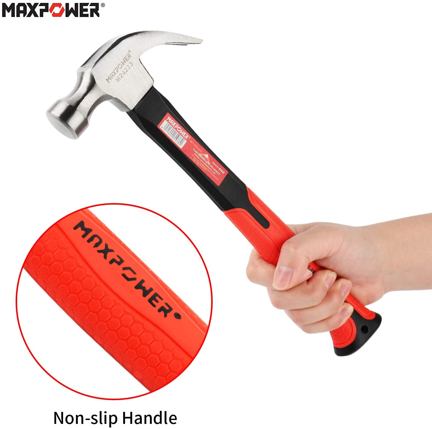 MAXPOWER 8oz Claw Hammer Curved Shaft Rubber Grip Handle Hand Nail