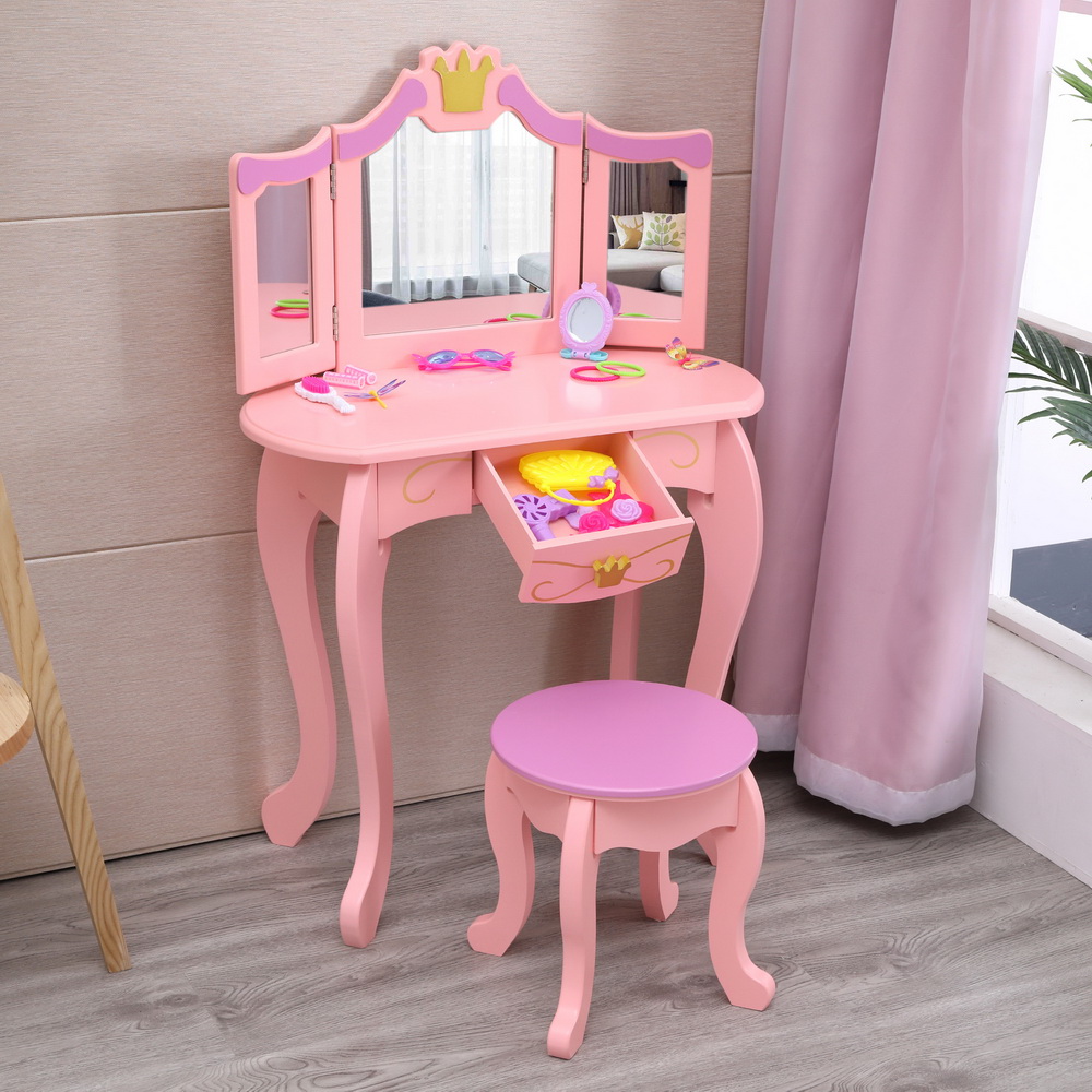 Children Girls Vanity Makeup Kids Dressing Table Set w/Stool Drawer ...