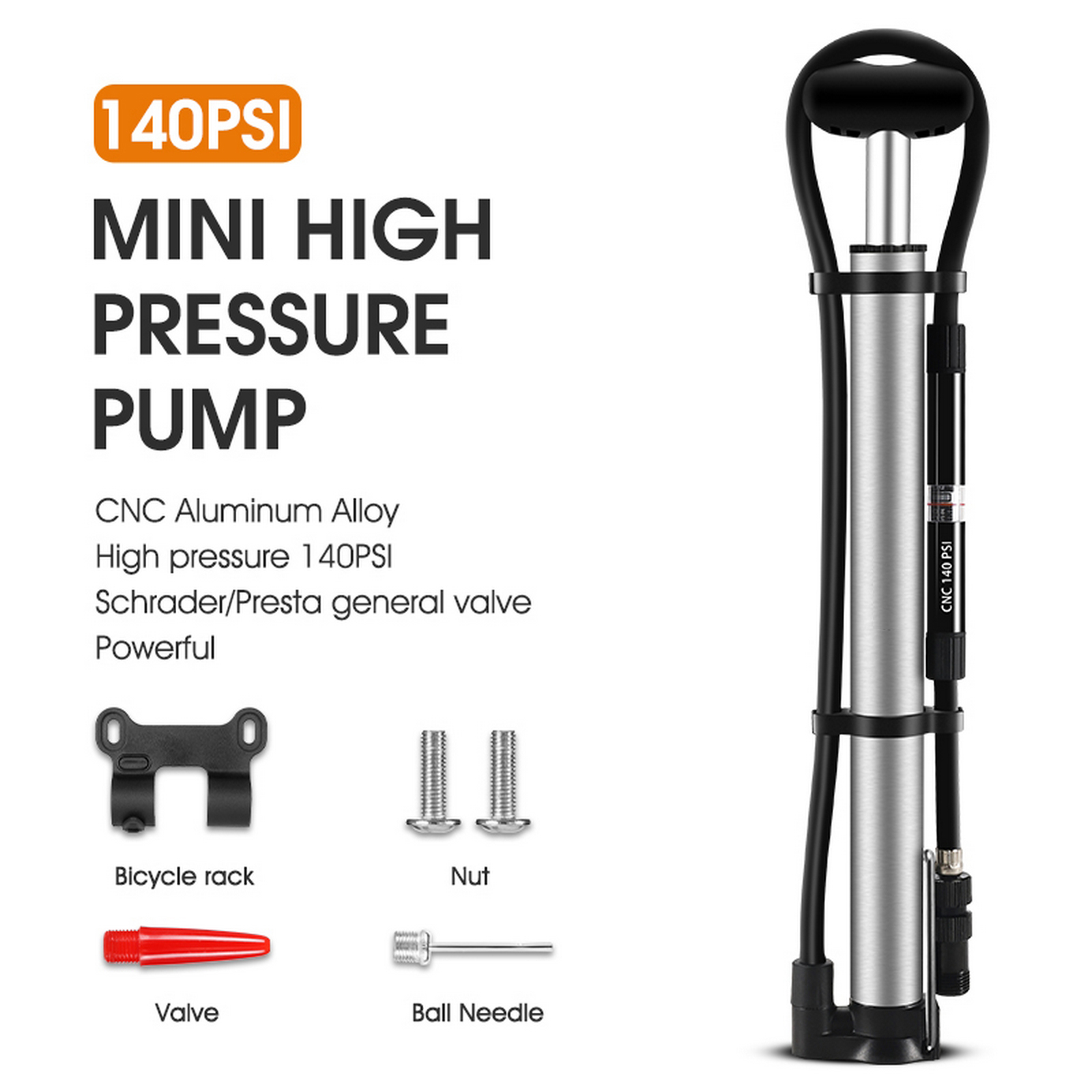 140-PSI High Volume Air Hand Pump Inflator for Auto-Bicycle-Bike Tire Sport Ball 