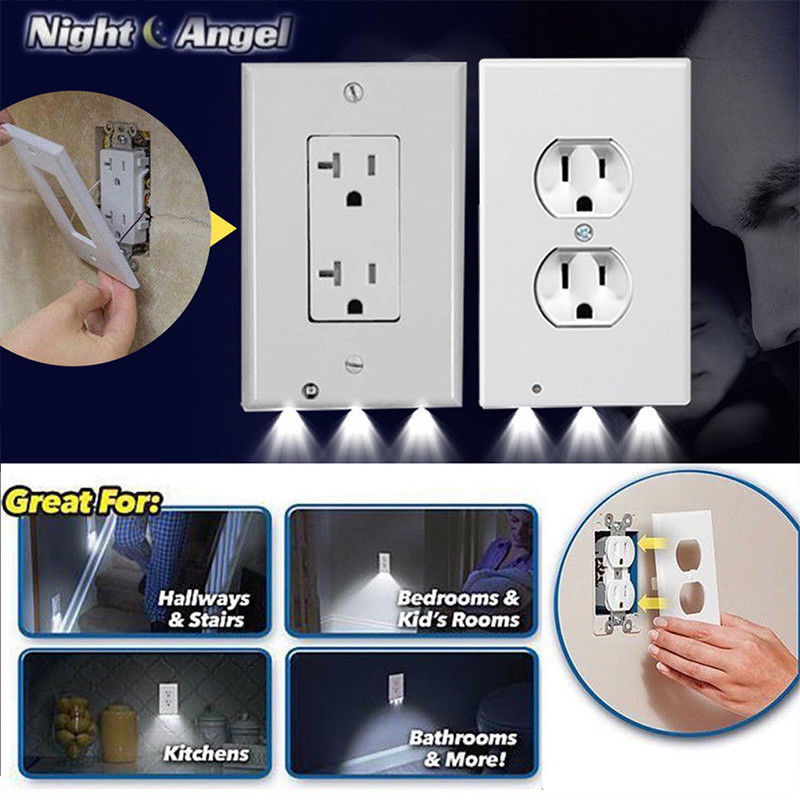 Wall Outlet Cover Plate 2 Plug With LED Night Light For Hallway Bedroom
