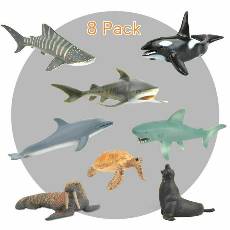 Ocean World Sea Life Creatures Whales Shark Dolphin Fish Figures 8 Pack Kids Toy
