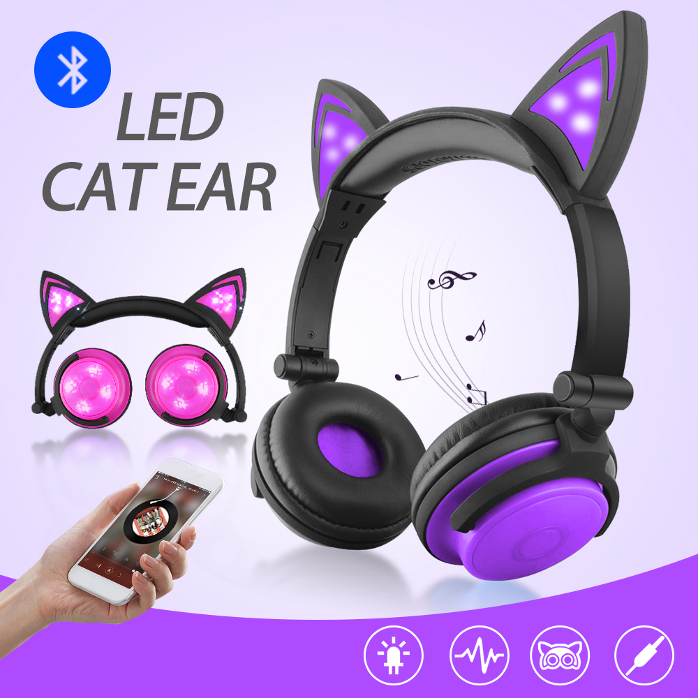 LED Lights Purple Cat Ear Bluetooth Headphones Wireless Earphones