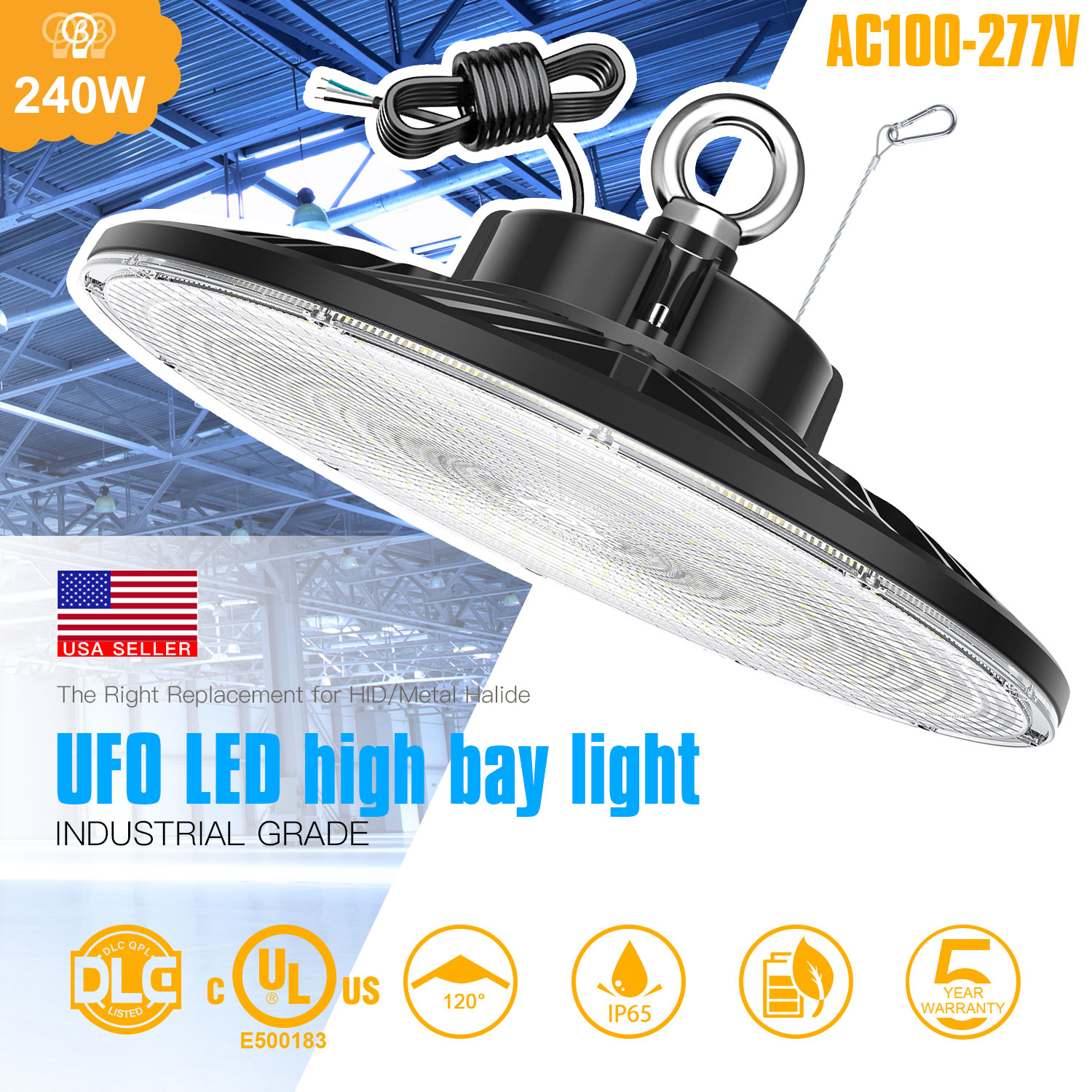 KUKUPPO 240W LED High Bay Light – 33,600 Lumens, Dimmable, 5000K, IP65, Replaces 1000W MH