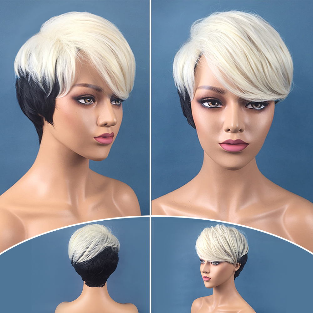 Ladies Short Black White Full Wig Pixie Ombre Fancy Dress Cosplay