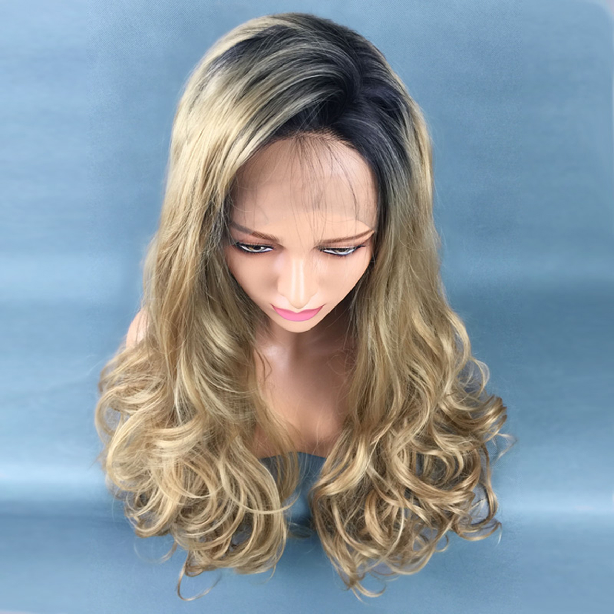 71cm Black Blonde Lace Front Wig Heat Resistant Synthetic Wigs Long
