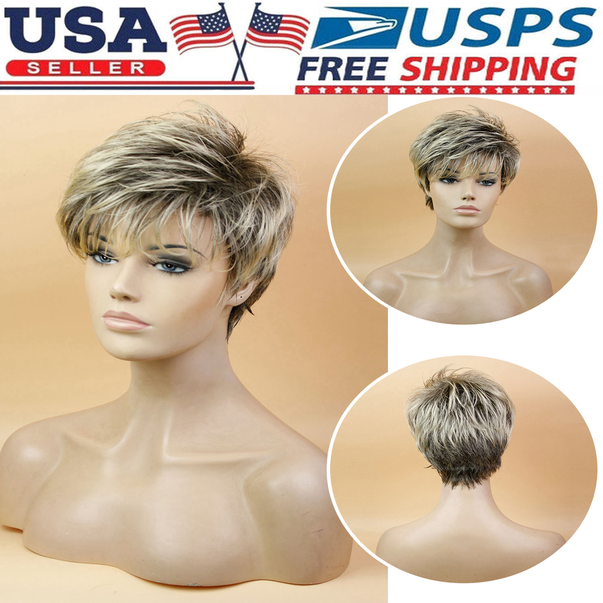 Details About Ombre Dark Brown Highlight Blonde Wigs For Women Short Pixie Cut Layered Wig