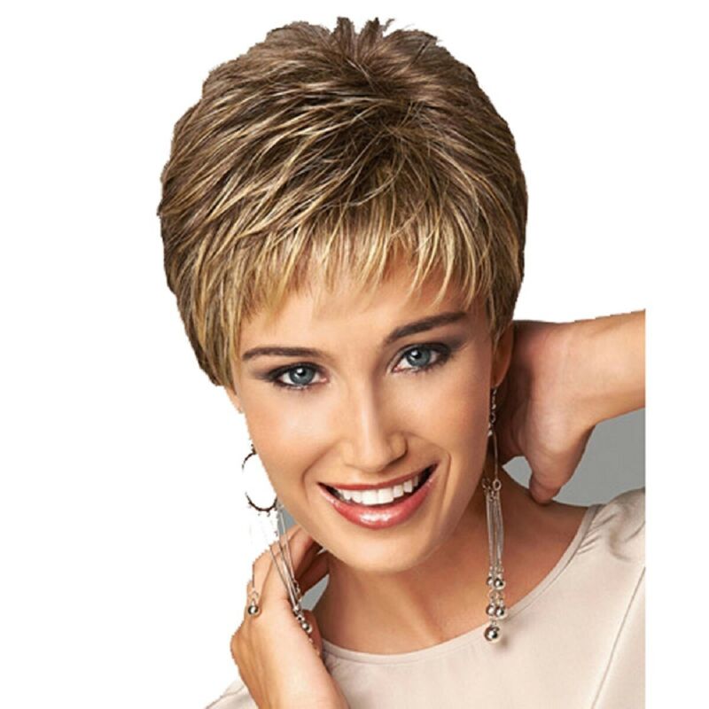 Women Short Bob Straight Fluffy Blonde Mixed Brown Wig Synthetic