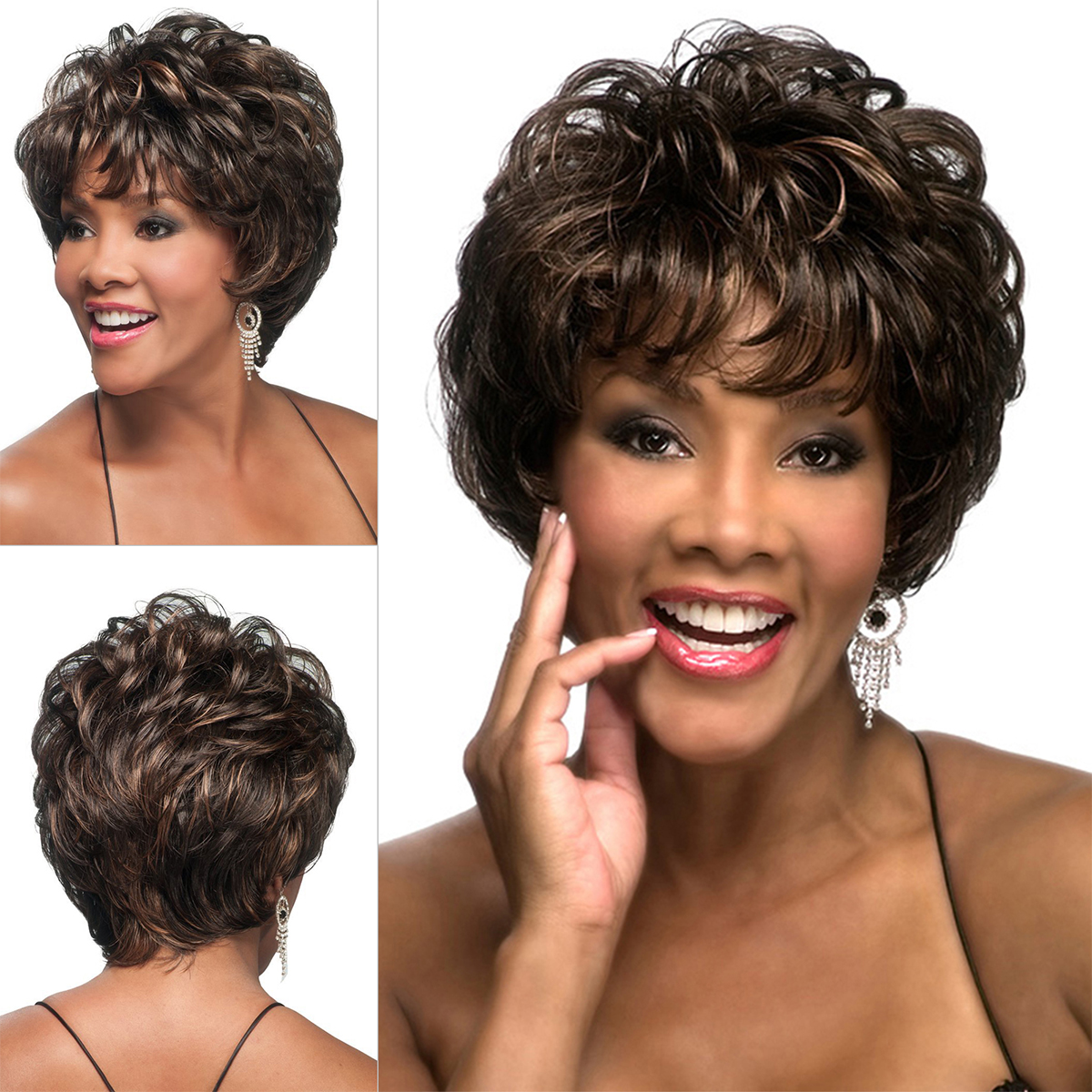 Women Dark Brown Wigs Pixie Cut Short Curly Wavy Synthetic Full