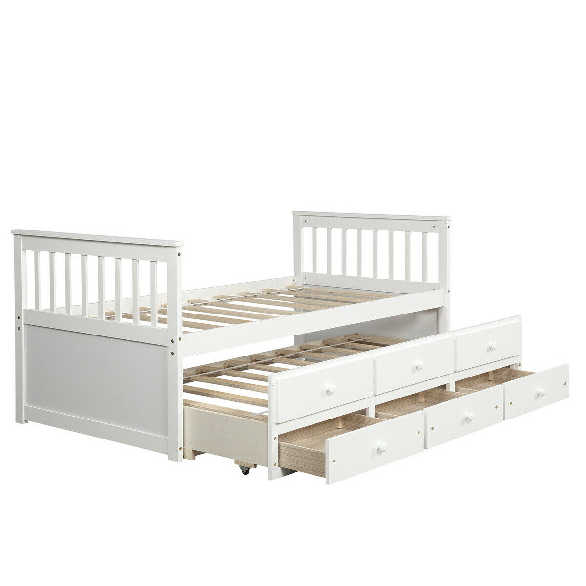 Wooden Captain's Bed Frame Twin Daybed Frame With Trundle + 3 Storage Drawers