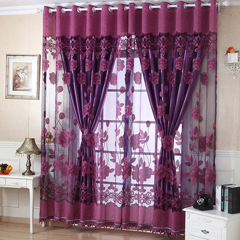 2PCS Floral Tulle Voile Door Window Curtain Drape Panel Sheer Scarf Valances 