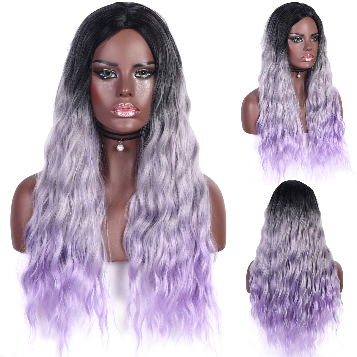 purple and black curly wig