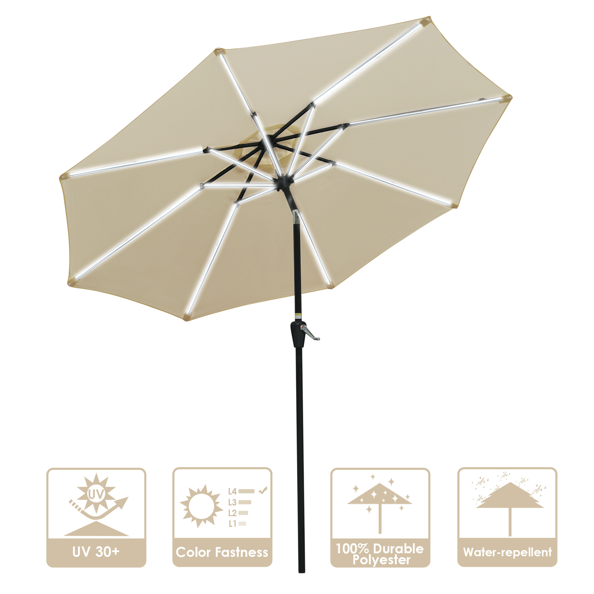 10x6.5ft Solar Power LED Patio Umbrella Parasol Garden Sunshade Tilt with Crank 