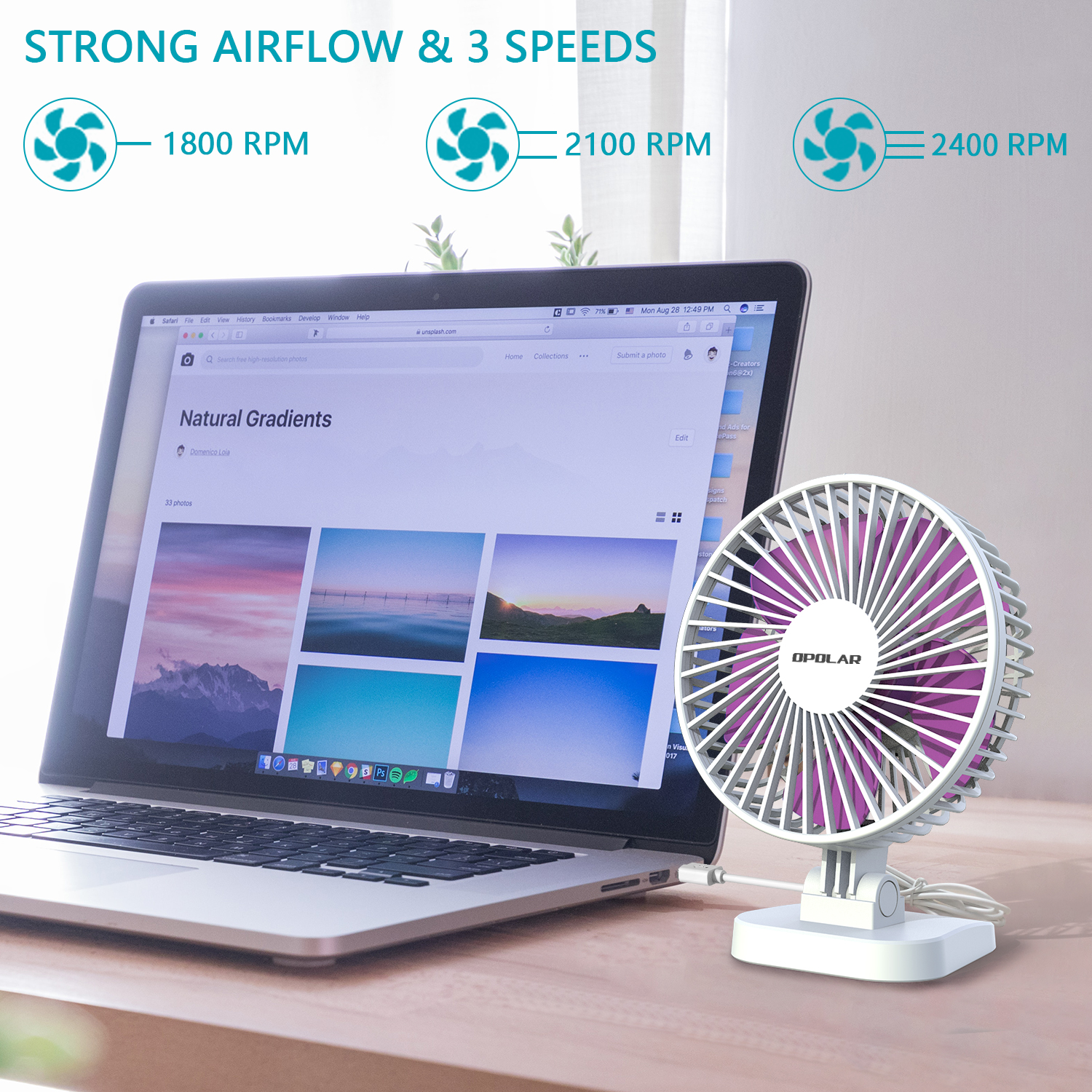 4.9 ft Cord USB Desk Fan Small Quiet Fan for Desktop Office Table 40° Adjustment 