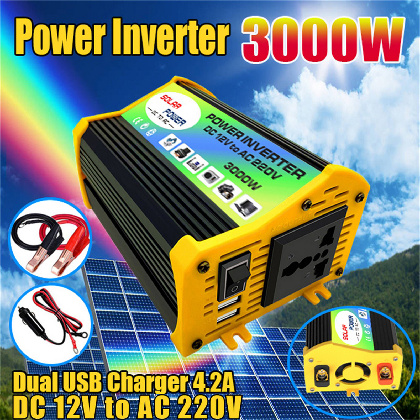 3000W Car Solar Power Inverter 12/24V To 110/220V Modified Sine Wave Converter 