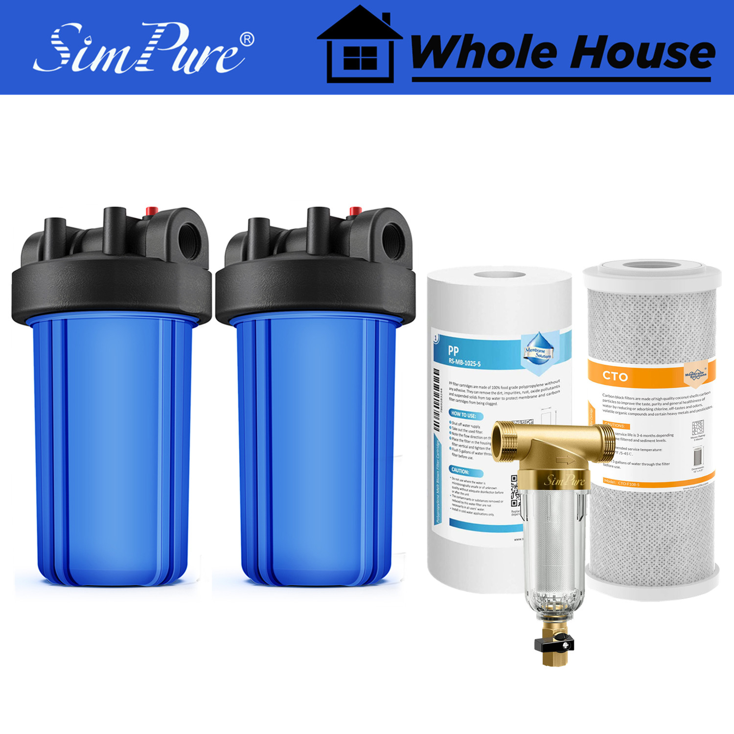 Whole House Water Filter Big Blue 10" Dual RO 1" Ports H2O Splash Blue 