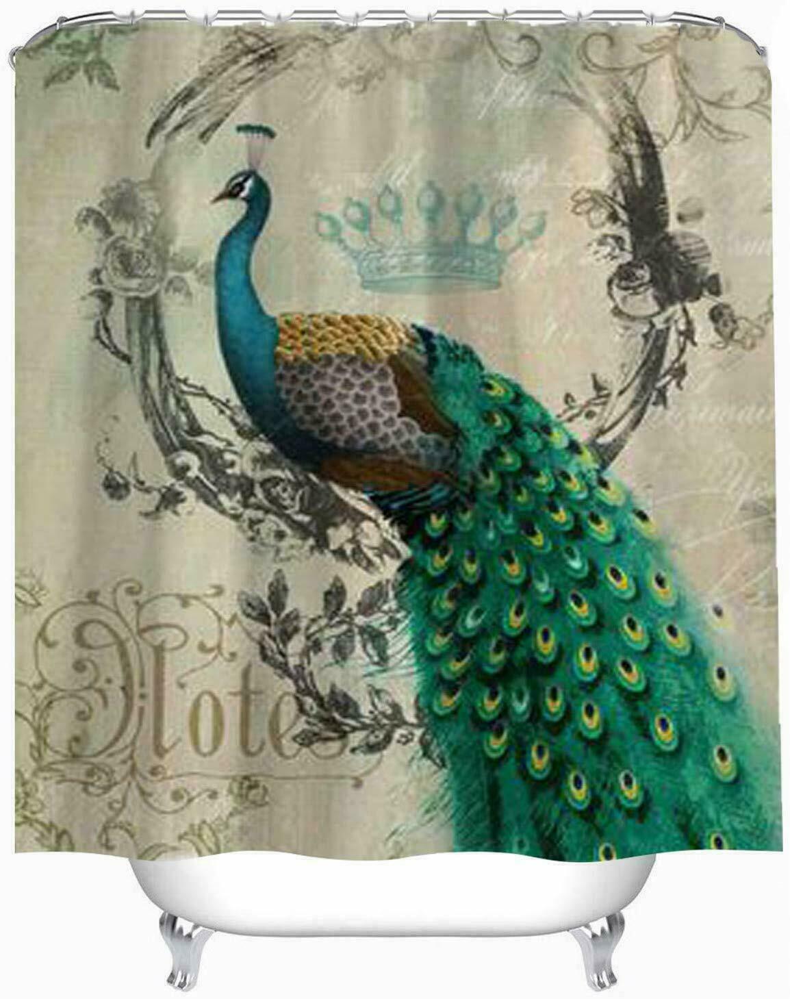 Peacock Feathers Vintage Shower Curtain Bathroom Decor with Hooks 71