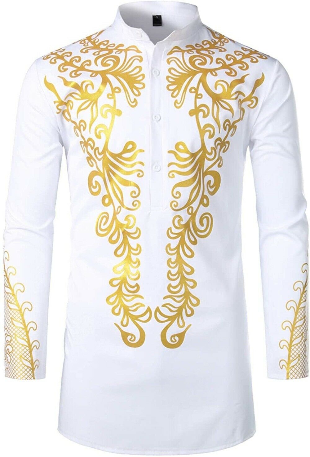 Men’s Luxury African Traditional Gold Printed Dashiki Casual Blouse Top Shirt