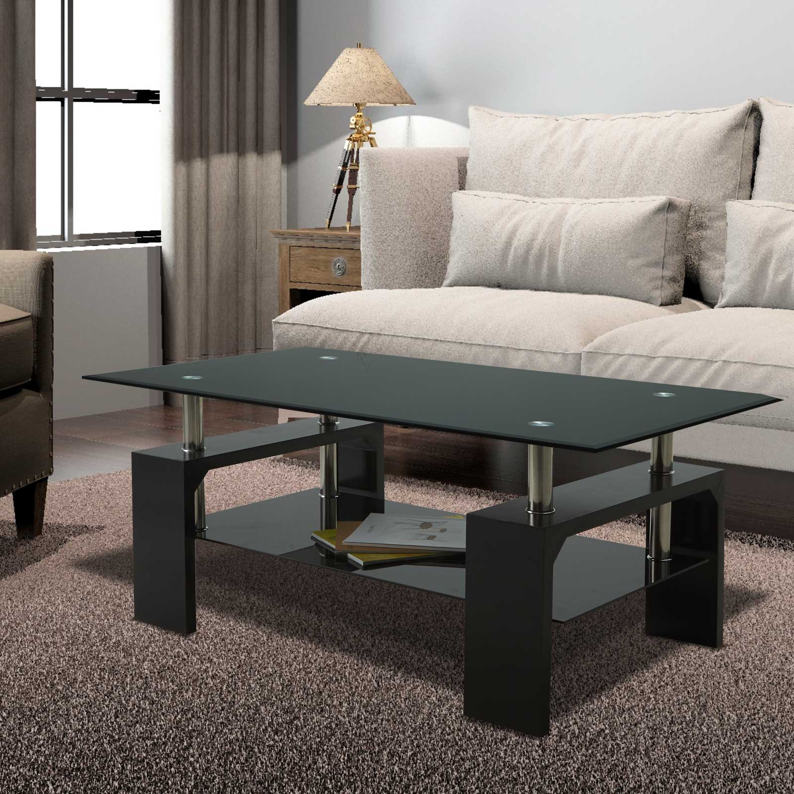 Black Glass Lift Top Coffee Table End Side Table w/Shelf Living Room