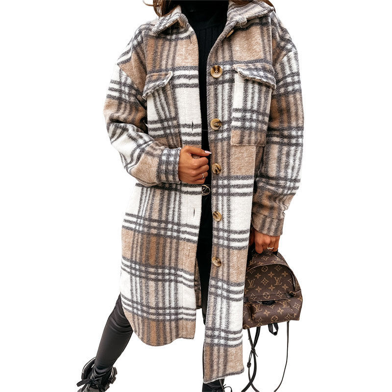 Womens Check Fleece Casual Long Jackets 
